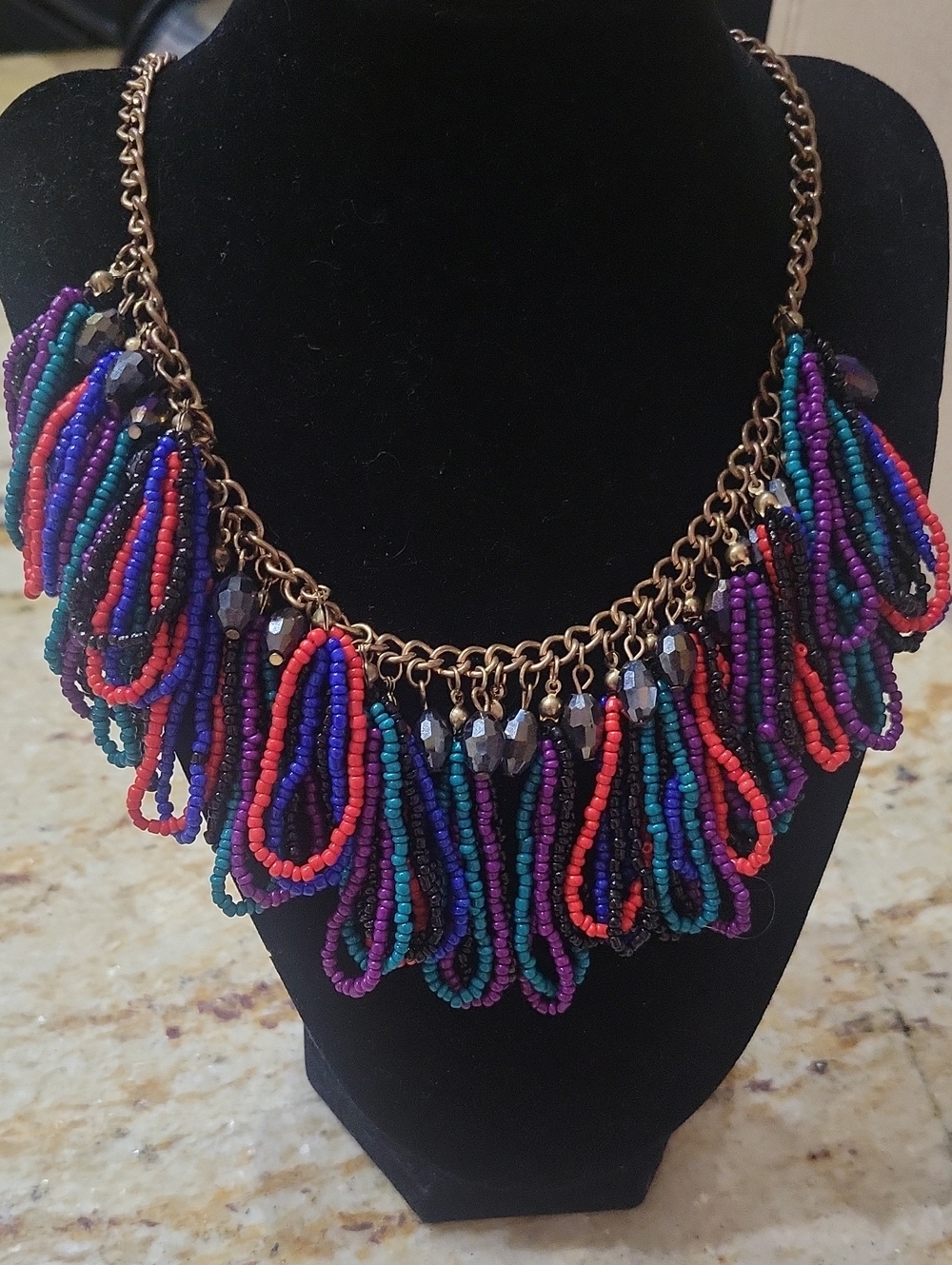 Multicolor Beaded Fringe Necklace with Gold-Tone Chain